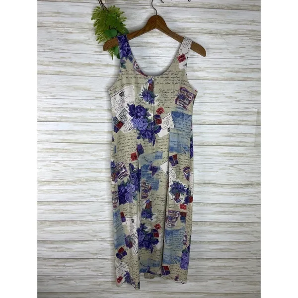 Vintage Quirky Roses and Postcards Print Linen Blend Sleeveless Dress - Image 2
