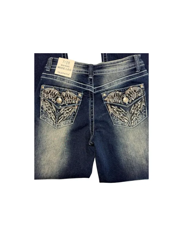 Telepatía Women’s Wide Leg Jeans Size 7/28 Mid Rise Rhinestone Pockets Y2k Style - Image 4