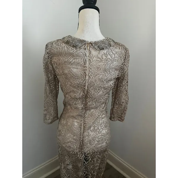 Teri Jon Gold Lace Beaded Neck Mermaid Gown Size 8 Vintage Designer Sheer Dress - Image 9