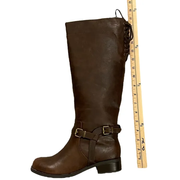 SODA Brown Knee High Faux Leather Rear Lacing Boots NIB - Size 6 - Image 13