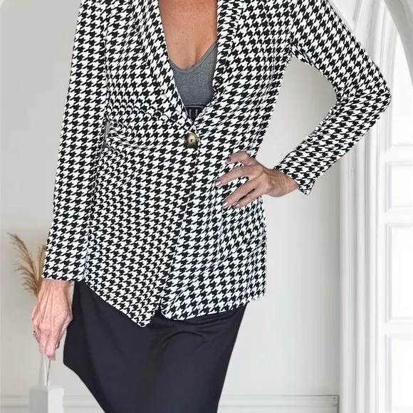 SHEIN Houndstooth Lapel Collar Single-Button Blazer Casual Chic Jacket, XS - Image 6