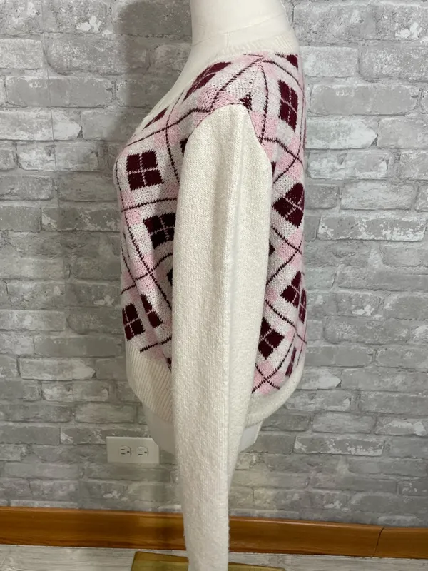 Dry Goods Major Label Cream V-Neck Sweater with Pink & Burgundy Argyle - Image 2