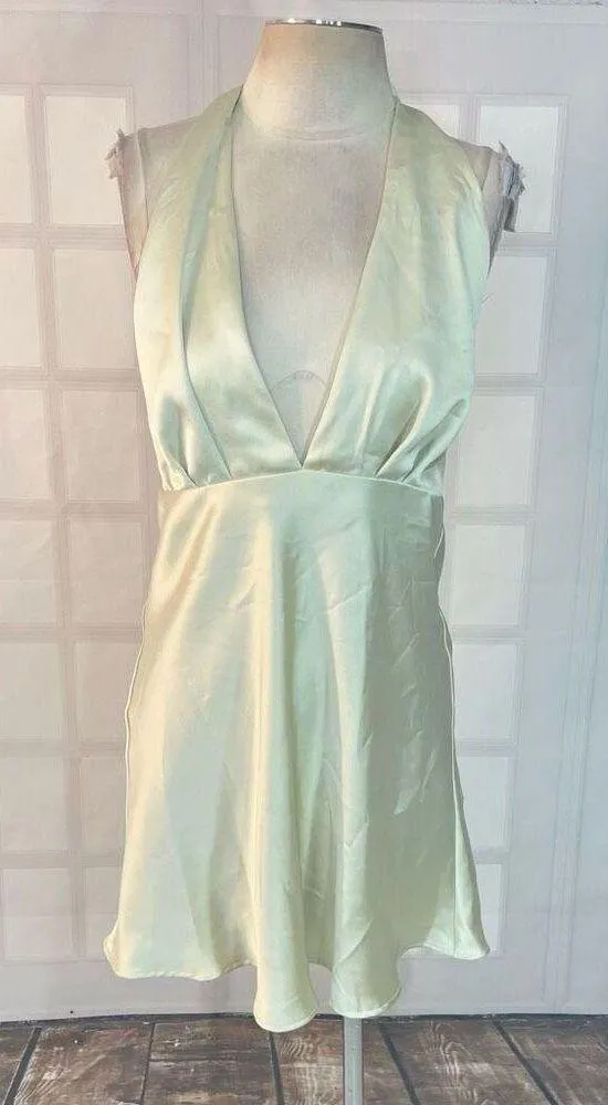 ZARA light mint green satin halter mini dress size large - Image 3