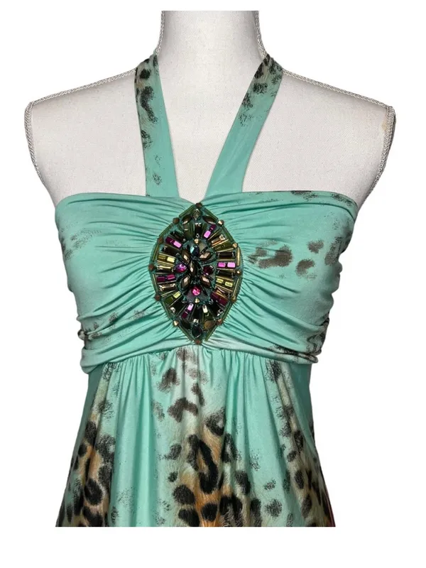 Venus y2k leopard floral halter dress beaded boho festival size small - Image 4