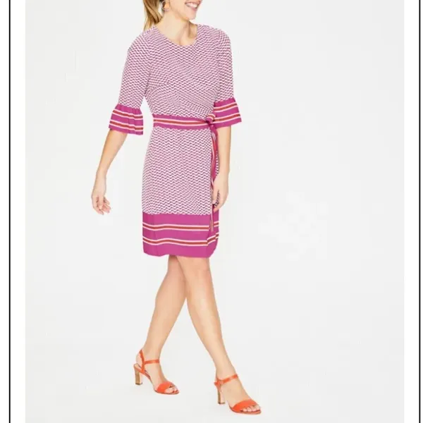 Boden‎ Women's Andrea Belted Dress Pink White Orange Floral Stripes Bell Sleeve - Image 11