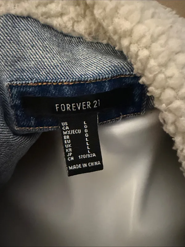 Forever 21 Blue Denim Sherpa Collar Jacket with Butterfly Patches - Image 2