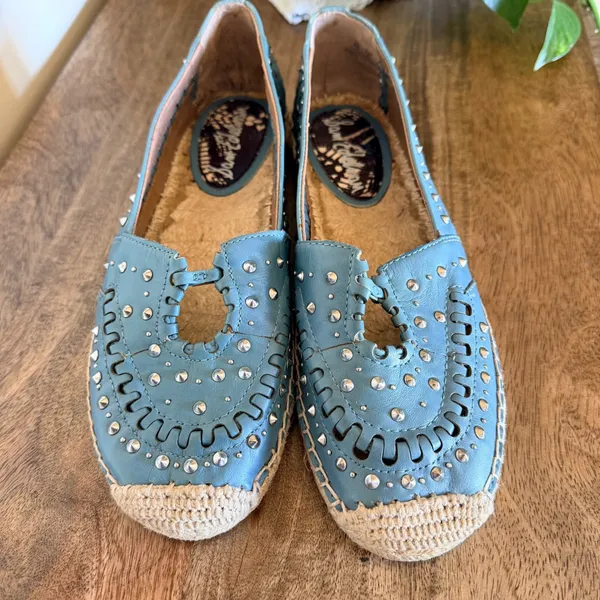 Sam Edelman Liam Espadrille‎ Flats Womens 8 Blue Leather Studded Boho Slip On - Image 7