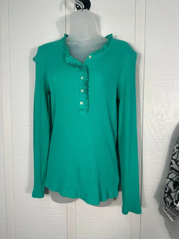 Lilly Pulitzer Green Ribbed Top with Ruffle Neckline Size Large EUC - Image 2