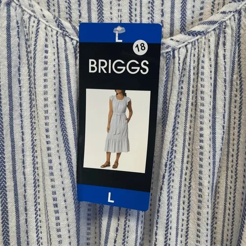BRIGGS Linen Blend Midi Dress L Blue Striped Flutter Sleeve Belted NWT Coastal - Image 2