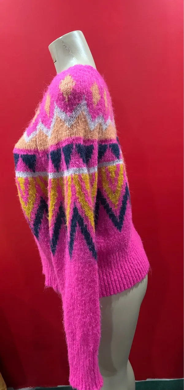 A New Day Women's Bright Pink Fair Isle Crewneck Sweater(LG) - Image 4