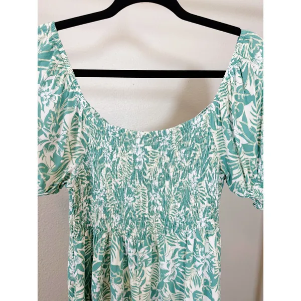 Mimi Chica Green Tropical Leaf Print‎ Smocked Square Neck Midi Dress Size M - Image 6