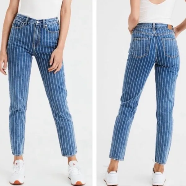 American Eagle Women’s Jeans Pinstripe Mom White Stripe 100% Cotton Blue Size‎ 2 - Image 2