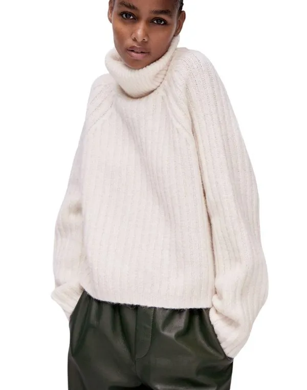 Zara Cream Light Pink Wool Alpaca Blend Ribbed Knit Turtleneck Sweater Medium - Image 15