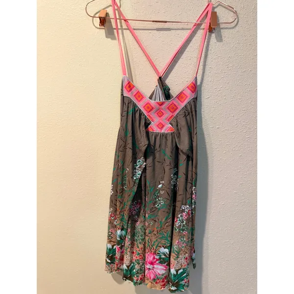Free People‎ Mini Dress Womens Small Brown Floral Boho Strappy Summer Dress - Image 4