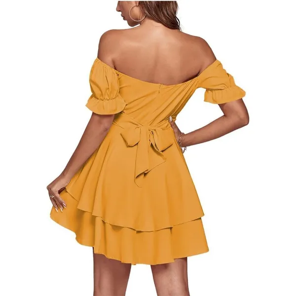 NEW Tie Back Off Shoulder Wrap Layer Ruffle Short Sleeve Mini Dress M - Image 2