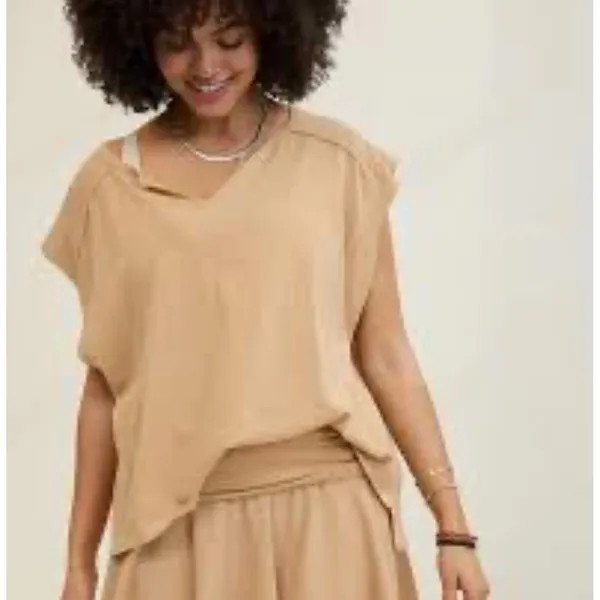 Aerie Summer Breeze Notch Neck T-Shirt Womens XL Tan‎ Cotton Relaxed Slouchy - Image 11