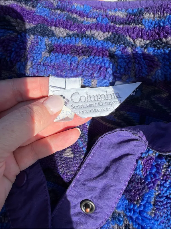 Vintage Columbia 90s Teddy Fleece Jacket M Purple Blue Geometric Made USA Retro! - Image 2