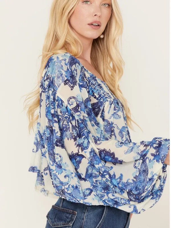 Free People Women’s Up For Anything Western Shirt Smocked Mesh Floral Blue S - Image 2