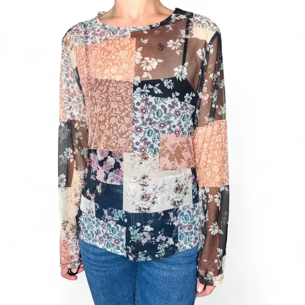 Colorful Floral Patchwork Boho Sheer Long Sleeve Shirt - Image 8