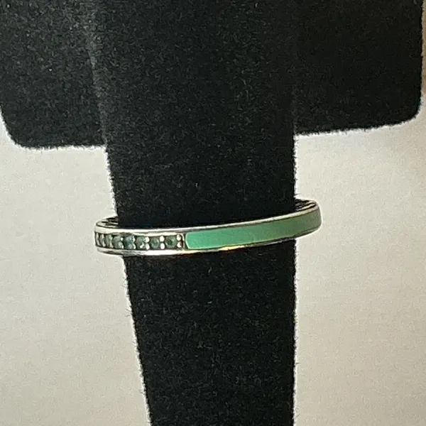 Pandora S925 ALE 48 Sterling Silver Green Enamel Ring Size 4.5 Stack Band - Image 4
