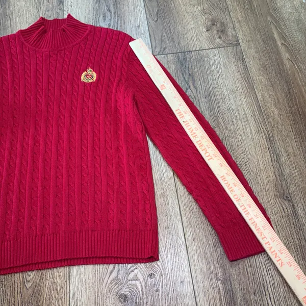 VTG Lauren Ralph Lauren Red Cable Knit Mock Neck Crest Sweater Womens XL Preppy - Image 5