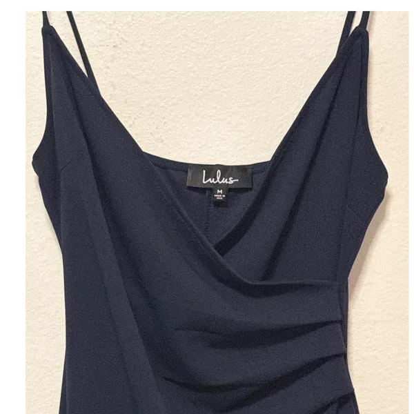 Lulus Formal Dress Sz M Navy Blue Maxi Surplice Ruched Side Slit Wedding Guest - Image 2