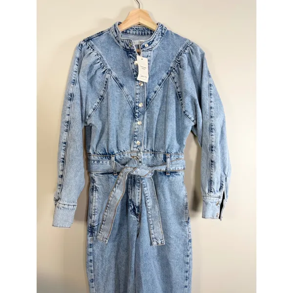 MNG Denim Jumpsuit Women's‎ XS Light Wash Tie Waist Button Front Western NWT - Image 3