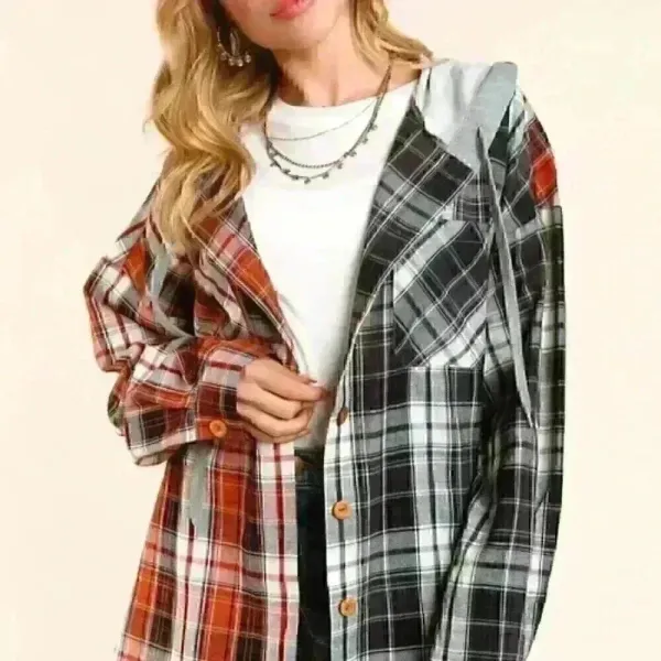 Rust and Charcoal Grey Plaid‎ Button Down Hoodie Top Orange - Image 2