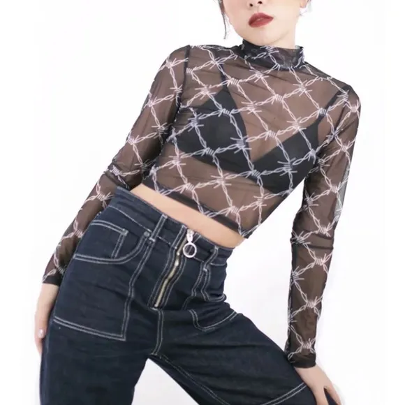 Women Mesh Tee Shirt Femme Long Sleeve Top - Image 5