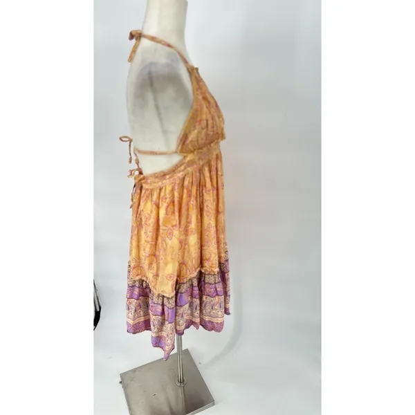 R Vivimos Halter V Neck Mini‎ Ruffle Dress Sz Medium Yellow Floral Boho Festival - Image 7