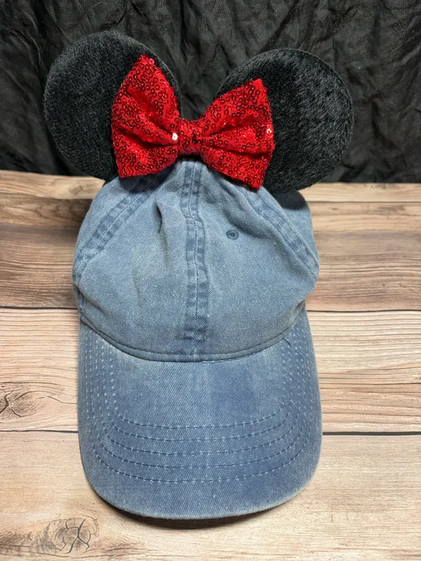 Mouse Ears Blue Denim Baseball Hat Minnie Red Bow - Image 2