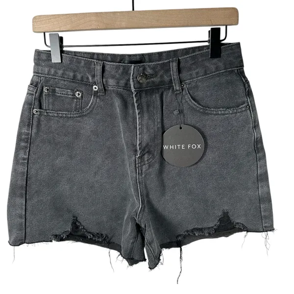 White Fox Denim Shorts Gray / Black Distressed Raw Hem High Rise Size M NWT - Image 2