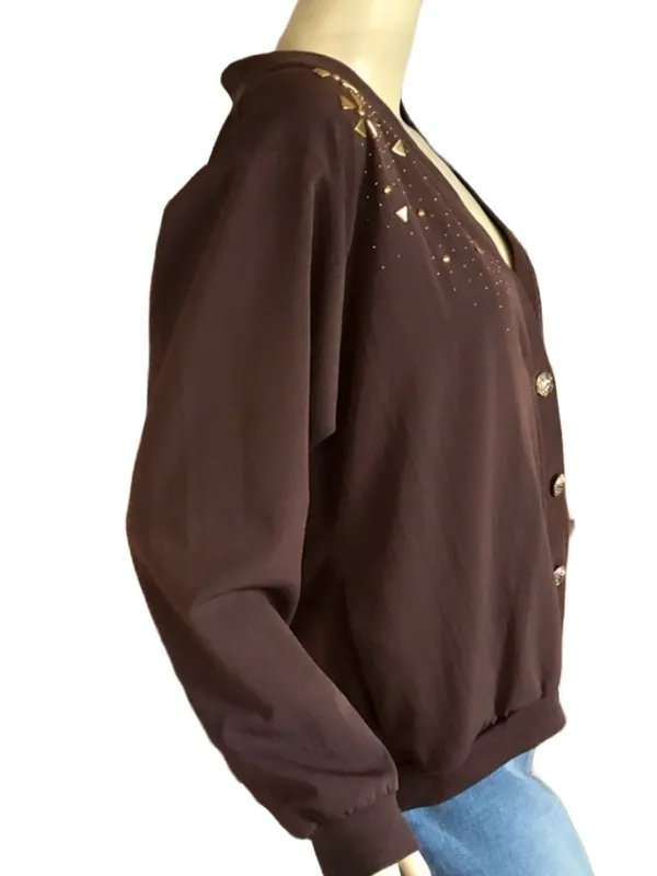 Vintage 1980'S Brown Nylon & Gold Stud Cardigan/Jacket (L) - Image 6
