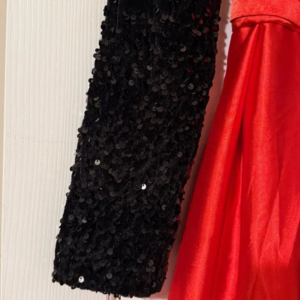 AO YAN Black Red Maxi Dress Long Sleeve Sequined Satin‎ Christmas Holiday C27 - Image 5