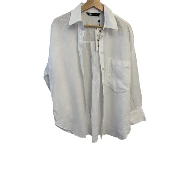 ZARA White 100%Linen women's Long Sleeve Button Down Shirt Small NWT 8372/034 - Image 3