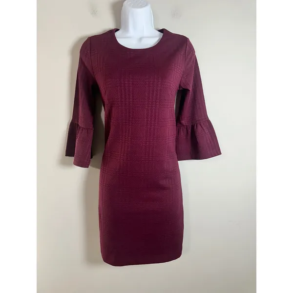 Banana Republic Women XS Burgundy Textured Plaid Bell Sleeve Shift Dress‎ 359076 - Image 2