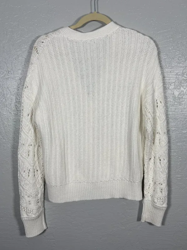 Sundance Women M White Hand Knit Cardigan Sweater 100% Cotton Cable Knit Pockets - Image 5