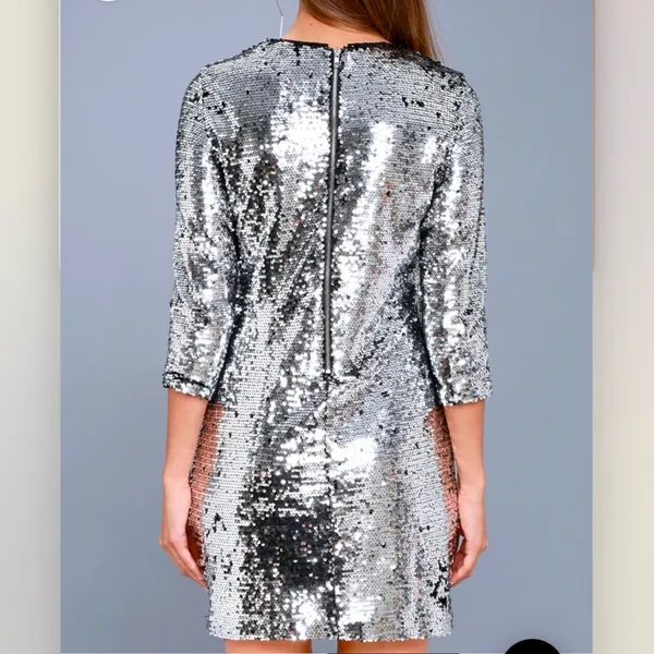 Lulus Main Event Silver Sequin 3/4 Sleeve Sheath‎ Dress MEDIUM - Image 4