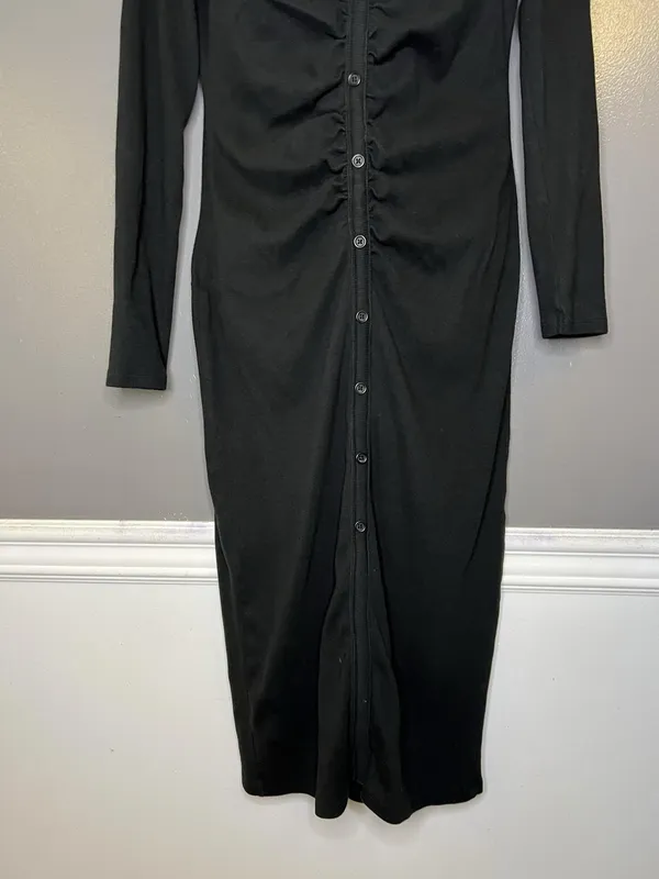 Zara Shirt Dress Womens Large Black Ruched Button Front Collared Knit Midi - Image 3