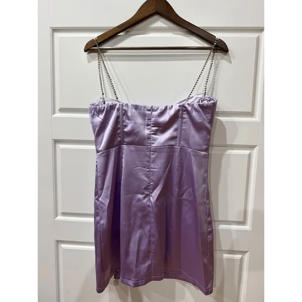 Hello Molly Disco Nights Lilac Satin Mini Dress Rhinestones Large Y2K Party - Image 6