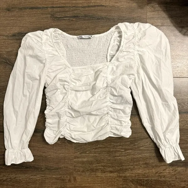 Zara White Poplin Ruched Smocked Balloon Sleeve Crop Top - Image 5
