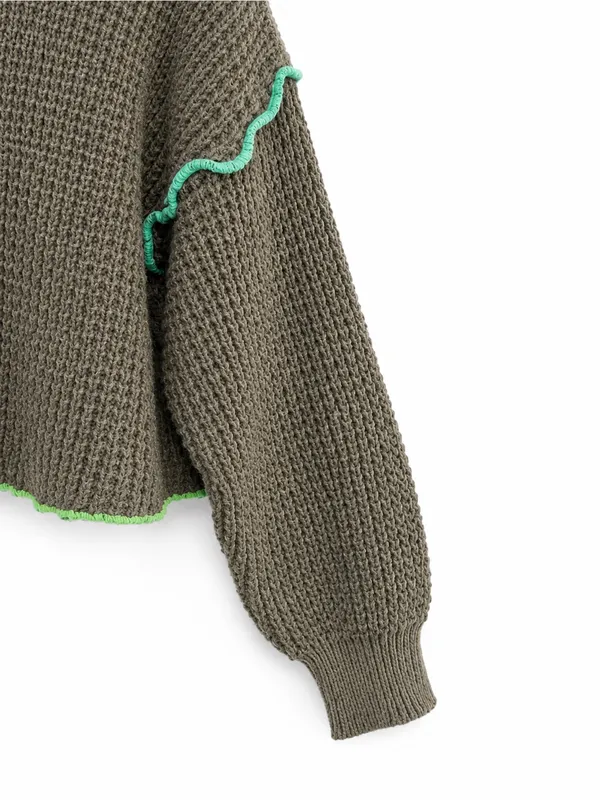 New IN Women’s Waffle Knit Sweater Medium Brown Neon Contrast Stitch - Image 8