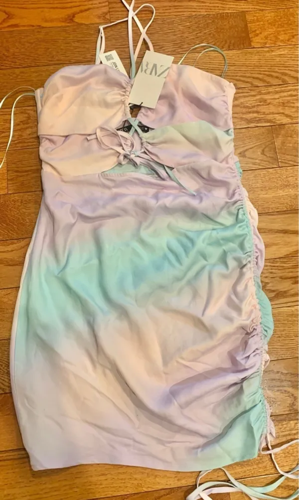 Zara Pastel Tie Dye Satin Ruched Cut Out Mini Dress Size M - Image 6