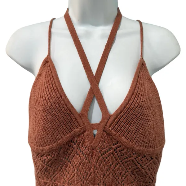 Abercrombie and Fitch Brown Thong Knit Crochet Halter Strappy Bodysuit Size L - Image 9