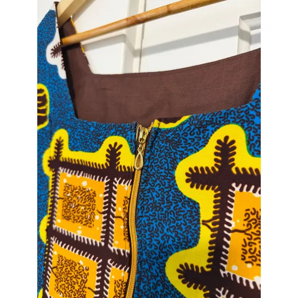 African Wax Print Fit and Flare Dress Blue Yellow Geometric Square Neck - Image 11