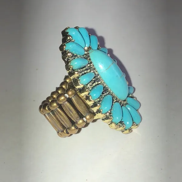 Antique Gold Tone Faux Turquoise Sunburst Statement Ring - Blue Stone - Image 2