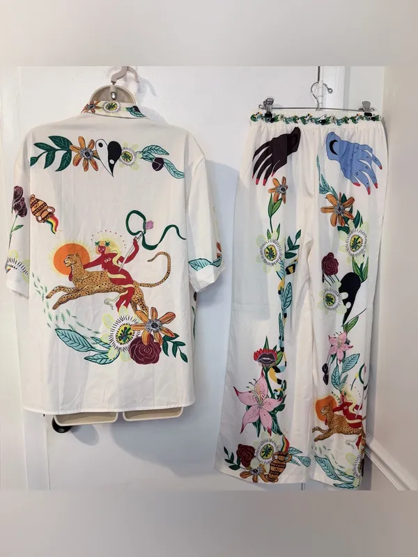 Tropical 2 Piece Set M Shirt Pants Drawstring Wide Leg NWOT - Image 7