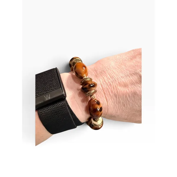 Vintage Style Brown Spotted Animal Print Beaded Stretch Bracelet Gold Tone - Image 2