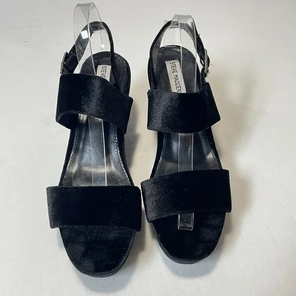 Steve Madden Carlyle‎ Women's Black Velvet Wedge Sandals Size 10M - Image 8