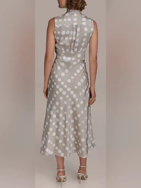 NEW Donna Karan Polka Dot French Twill Scarf Tie Neck Sleeveless Midi Dress 10 - Image 4